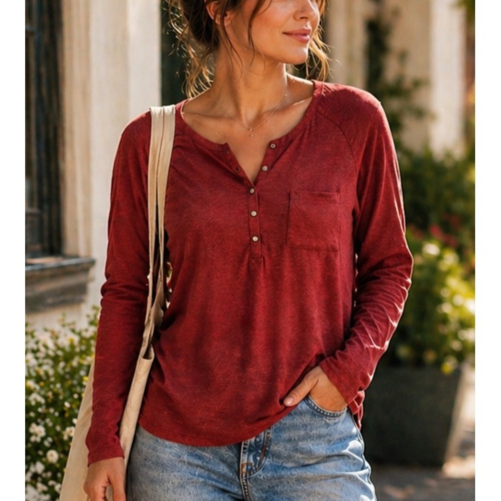 NWT Prana Women Hensley Henley Organic Top Size Small Red Minimalist Lightweight
